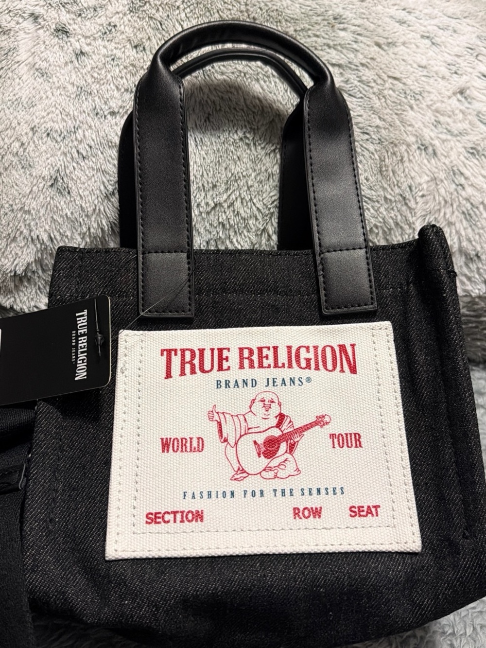 True Religion Black Denim Mini Tote with Red Logo Patch